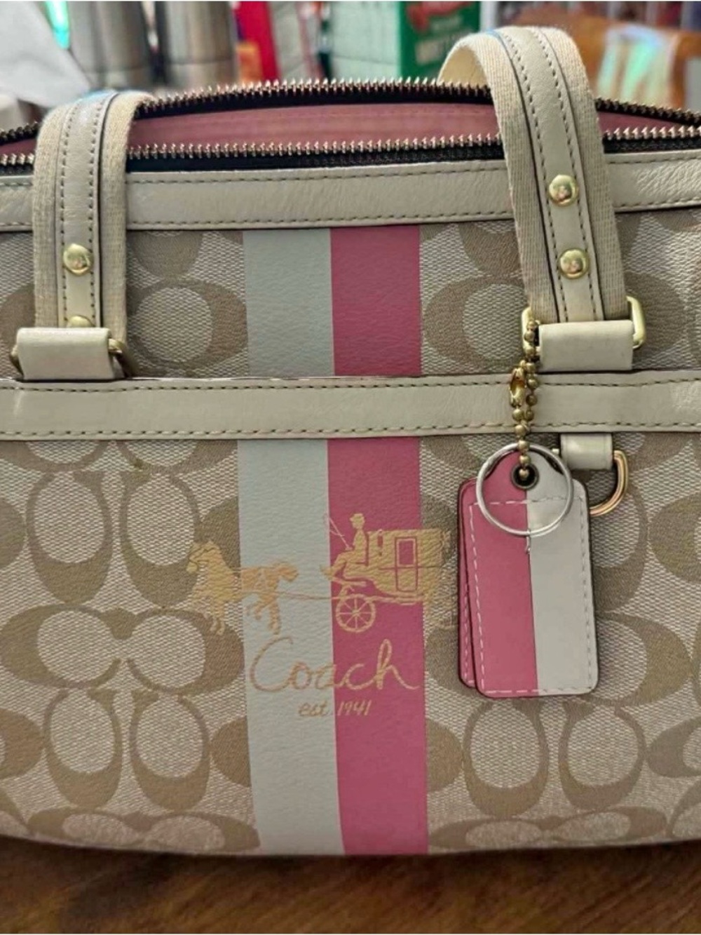 Coach Signature Heritage Stripe Shoulder Bag with Pink Accents